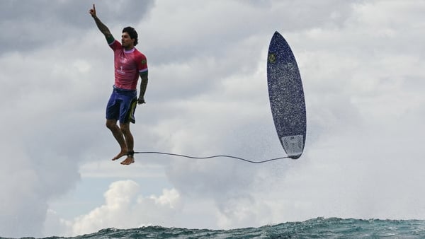 Brazil's Gabriel Medina reacts after getting a large wave in men's surfing competition during the Paris 2024 Olympic Games in Tahiti. Photo: Jerome Brouilet/AFP