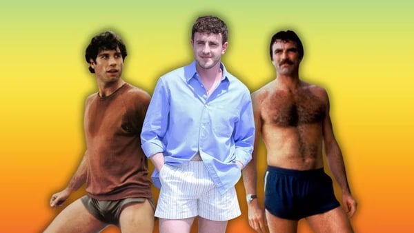 High hemlines and maximum thigh exposure: John Travolta (left) in the film Perfect; Paul Mescal (centre) at a Gucci fashion show and Tom Selleck (right) in Magnum PI. Photo: Photo12/ Zuma Press / Alamy