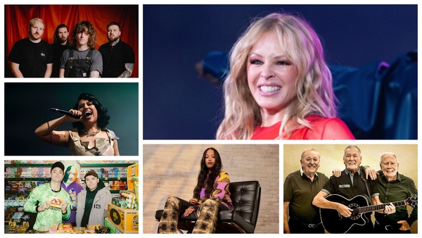 Clockwise from top left: The Scratch, Kylie Minogue, The Wolfe Tones, Jazzy, Kneecap and Raye