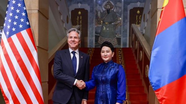 US Secretary of State Antony Blinken (L) meets with Mongolia's Foreign Minister Batmunkh Battsetseg in Ulaanbaatar