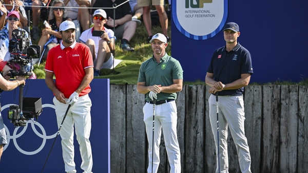 Scottie Scheffler, Rory McIlroy and Ludvig Åberg on the first tee