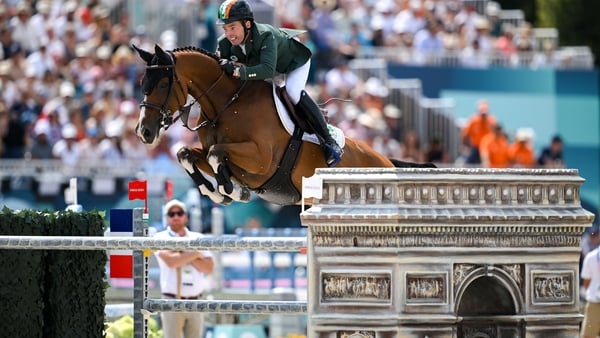 Cian O'Connor on Maurice during the team jumping final