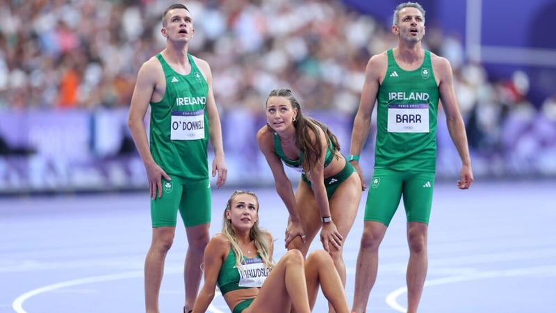 Christopher O'Donnell, Sophie Becker, Sharlene Mawdsley and Thomas Barr react after missing out on the 4x400m final