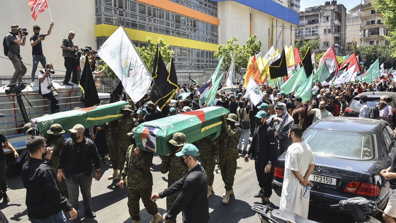 Members of the Palestinian Joint Action Committee held a rally and a symbolic funeral for late Hamas leader Ismail Haniyeh in Beirut