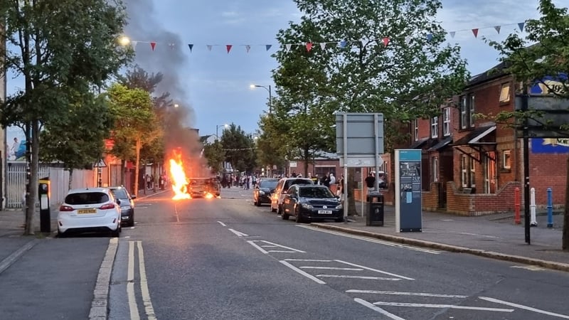Several cars and a number of bins were set alight in the Donegall Road area