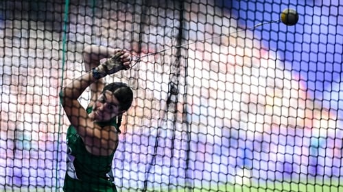 Nicola Tuthill in the nets during the hammer throw
