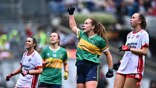 Muireann Devaney of Leitrim celebrates after scoring a point
