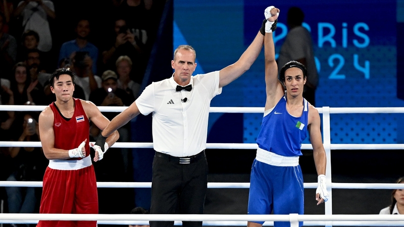 Imane Khelif (R) was victorious over Janjaem Suwannapheng in their women's 66kg semi-final bout on Tuesday