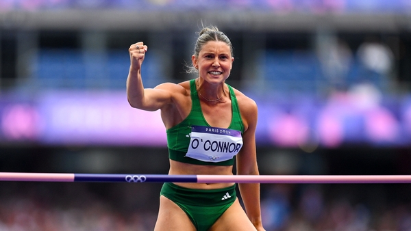 O'Connor celebrates a clearance of 1.74m during the high jump, the day's second event