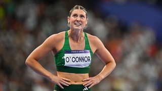 Kate O'Connor of Team Ireland reacts after her women's heptathlon 200m