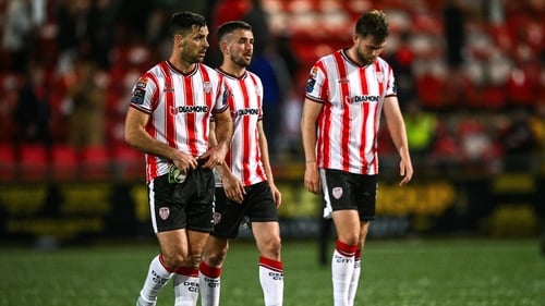 Derry City players Patrick Hoban (L), Michael Duffy and Will Patching after their side's draw with Dundalk in the League of Ireland Premier Divison