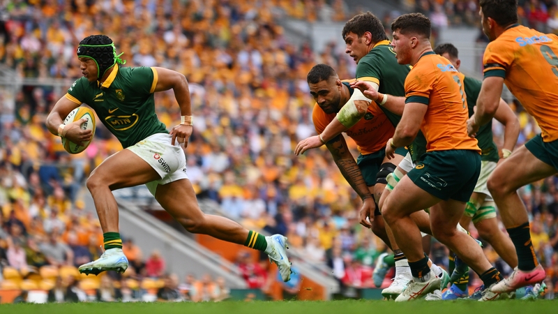 Kurt-Lee Arendse of the Springboks runs with the ball