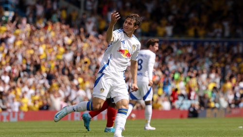 Brenden Aaronson celebrates his late leveller for Leeds - but he could have won it