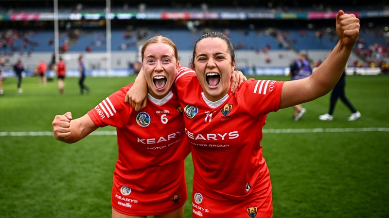 Laura Treacy (L) and Fiona Keating celebrate their All-Ireland final triumph