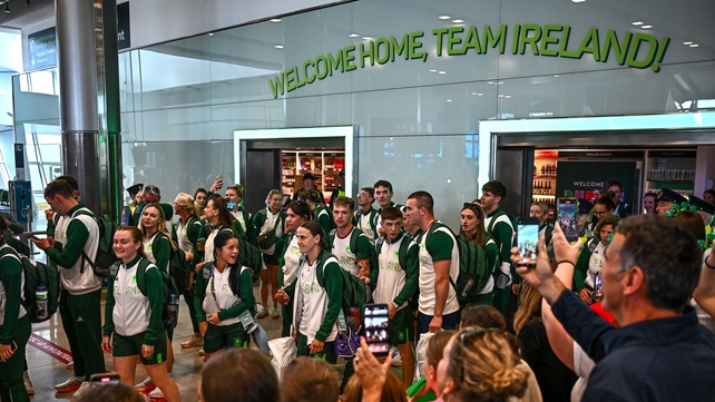 Members of Team Ireland in the arrivals hall of Dublin Airport