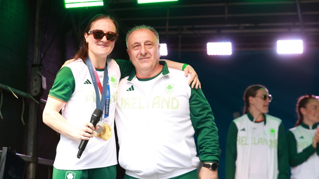 Kellie Harrington - who won her second boxing gold medal in Paris - with her coach Zaur Antia