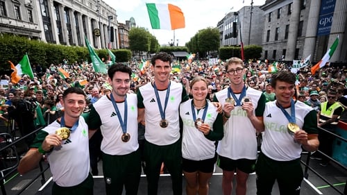 Team Ireland medalists Rhys McCleneghan, Daire Lynch, Philip Doyle, Mona McSharry, Daniel Wiffen and Fintan McCarthy at the celebrations