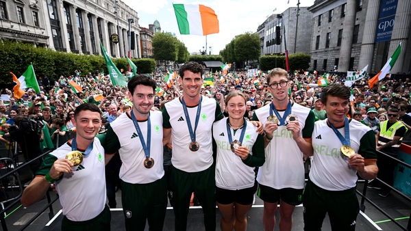 Team Ireland medalists Rhys McCleneghan, Daire Lynch, Philip Doyle, Mona McSharry, Daniel Wiffen and Fintan McCarthy at the celebrations