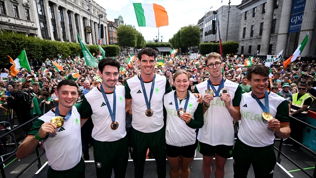 Team Ireland members, from left, Rhys McClenaghan, Daire Lynch, Philip Doyle Mona McSharry, Daniel Wiffen and Fintan McCarthy show their medals