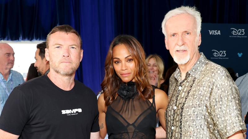 Sam Worthington, Zoe Saldana and James Cameron at D23: The Ultimate Disney Fan Event in Anaheim, California. (Photo by Leon Bennett/Getty Images for Disney)