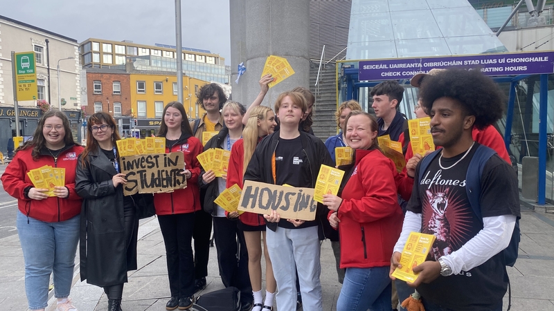 Students' union members gather outside Connolly Station in Dublin to launch a 'digs drive'