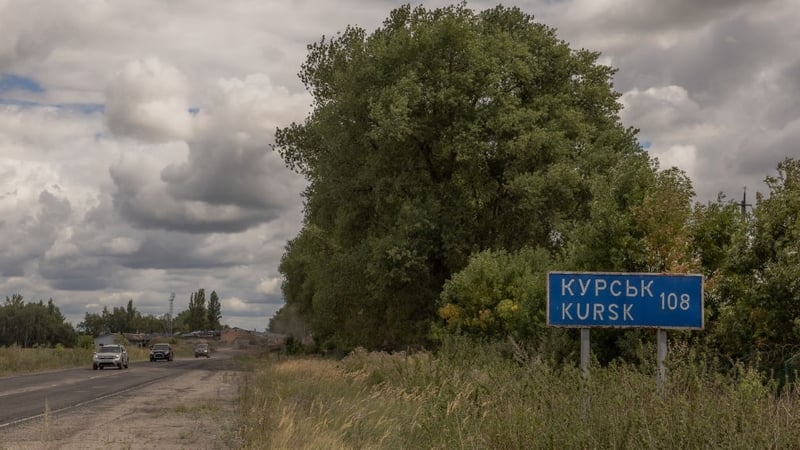 Ukrainian military vehicles driving past the border crossing point with Russia, during the surprise offensive on Kursk. Photo: Getty Images
