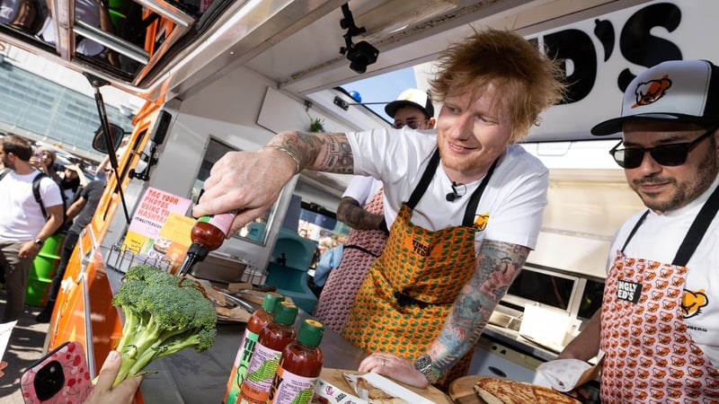 Ed Sheeran surprises Sainsbury's supermarket shoppers in London Colney to promote his Tingly Ted's hot sauce brand