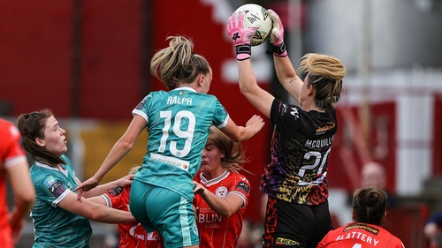 Shelbourne's star goalkeeper Amanda McQuillan collects the ball in a crowded box in her side's clash with Shamrock Rovers last month in the Avenir All-Island Cup