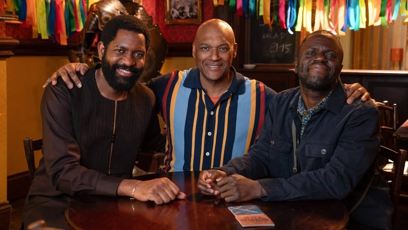 EastEnders' George Knight (Colin Salmon, centre) meets his brothers for the first time, Kobina (Jonathan Nyati, left) and Kojo (Dayo Koleosho)