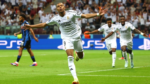 Kylian Mbappe celebrates scoring the first of what should be many goals for Real Madrid