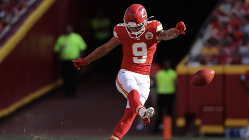 Louis Rees-Zammit of the Kansas City Chiefs kicks off during the fourth quarter of the pre-season game against the Detroit Lions