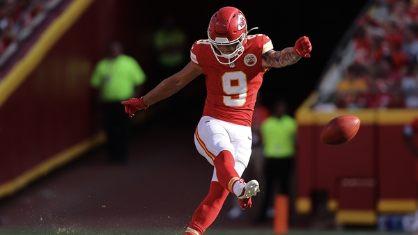 Louis Rees-Zammit of the Kansas City Chiefs kicks off during the fourth quarter of the pre-season game against the Detroit Lions