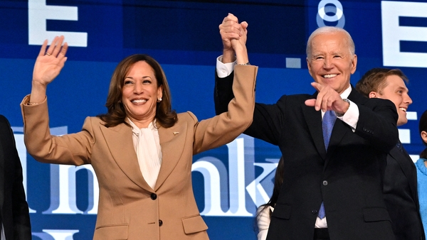 Joe Biden on stage with Kamala Harris during the first day of the Democratic National Convention in Chicago
