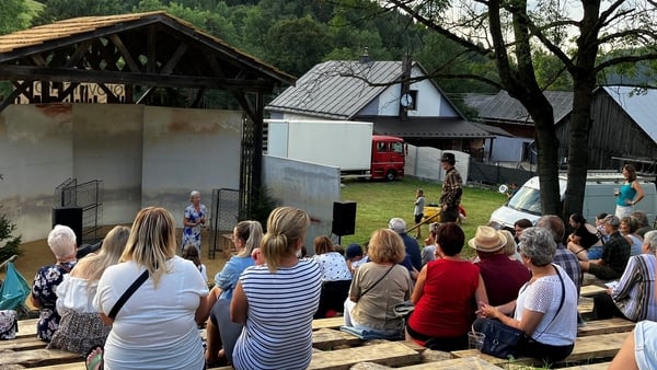 Štefan Kuffa (standing, wearing hat) disrupting the performance in northern Slovakia on Sunday (Pics: Lukáš Marhefka)