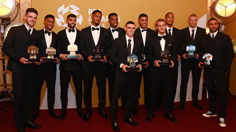 The PFA Premier League Team of the Year (L-R): Declan Rice, Ollie Watkins, David Raya, William Saliba, Gabriel Magalhães, Phil Foden, Rodri, Martin Ødegaard, Virgil van Dijk, Erling Haaland and Kyle Walker