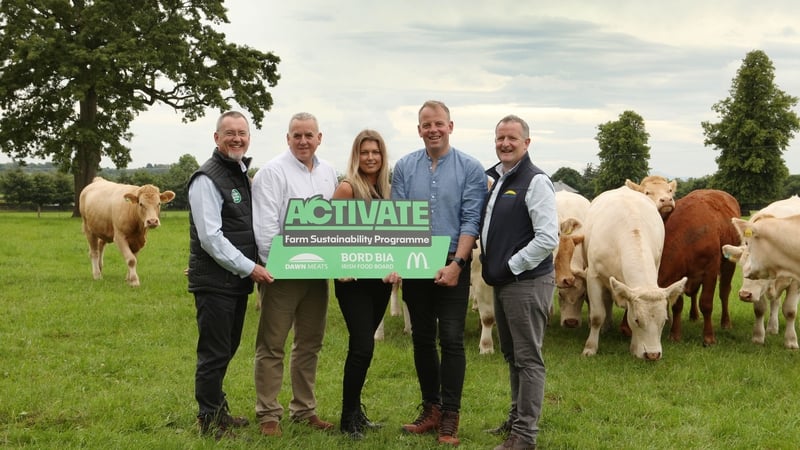 (L-R) Jim O'Toole of Bord Bia, Alistair Macrow and Laura Henderson from McDonald's, farmer John Phelan of Phelan Family Farm and Niall Browne of Dawn Meats