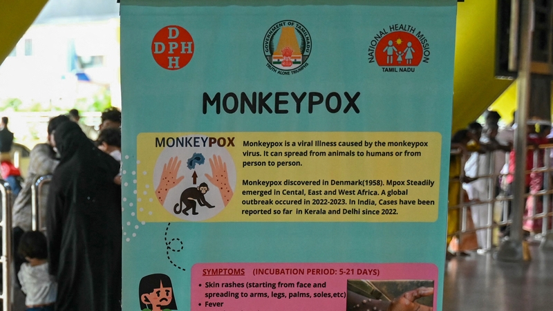 A information sign on monkeypox is seen at an airport in India