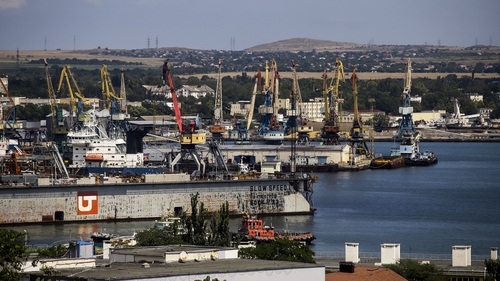 The port of Kavkaz is in Russia's Krasnodar region, just across from the annexed Ukrainian peninsula of Crimea