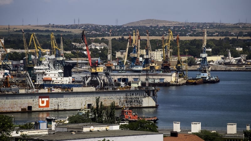 The port of Kavkaz is in Russia's Krasnodar region, just across from the annexed Ukrainian peninsula of Crimea