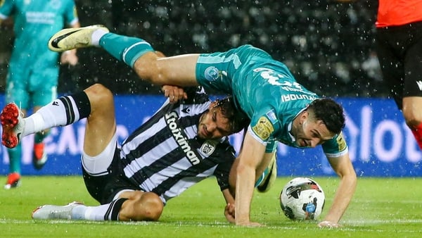 Neil Farrugia of Shamrock Rovers takes a tumble at Toumba Stadium in Thessaloniki