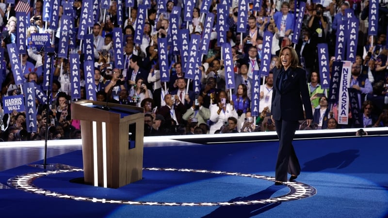 US vice president Kamala Harris celebrates after accepting the Democratic presidential nomination at the Democratic National Convention in Chicago last night. Photo: Chip Somodevilla/Getty Images