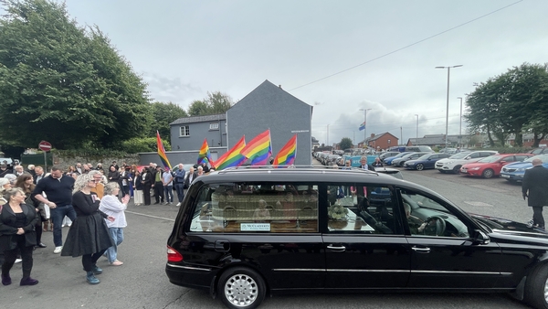 Nell McCafferty's coffin leaving the church this afternoon