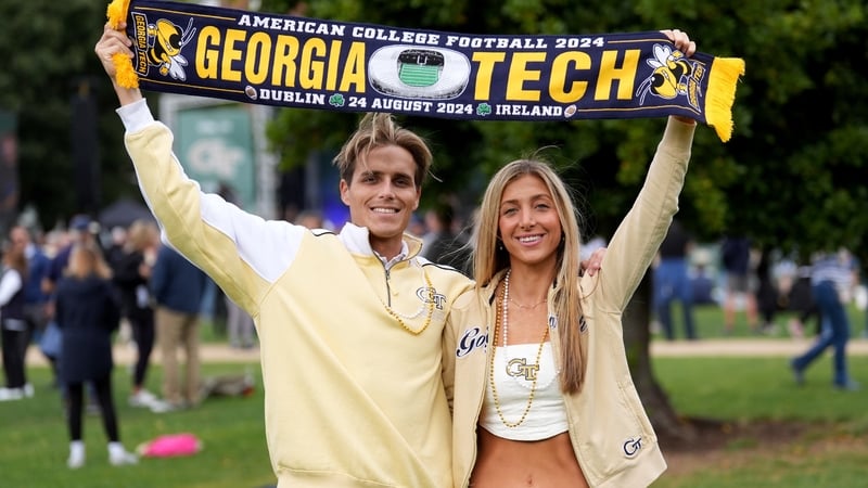 Georgia Tech fans Jake Wiggins (left) and Makena Thomas at an event in Dublin's Merrion Square yesterday