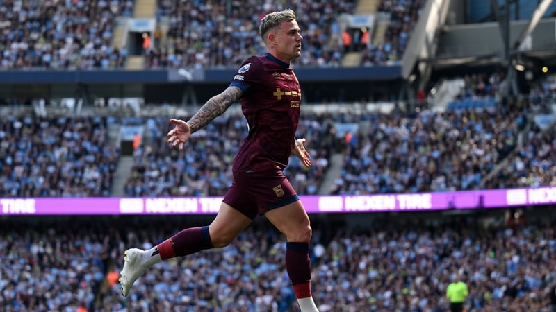 Sammie Szmodics celebrates scoring against Premier League champions Manchester City last month