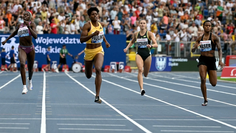 Rhasidat Adeleke, far left, finishes fourth in the women's 400m final in a race won by Marileidy Paulino