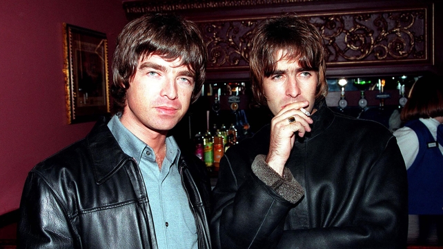 Liam Gallagher and Noel Gallagher at the opening night of Steve Coogan's comedy show in the West End, London, 1995. Photo by Dave Hogan/Getty Images.