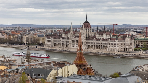 The Hungarian Parliament building as seen from the Fisherman's Bastion on Buda Castle Hill in Budapest
