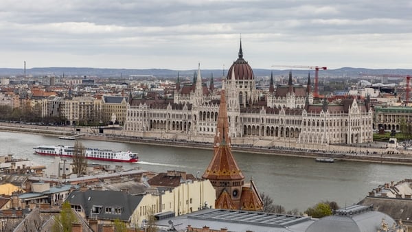The Hungarian Parliament building as seen from the Fisherman's Bastion on Buda Castle Hill in Budapest