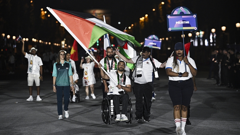 Team Palestine flag bearer Fadi Deeb during the Paralympic Games opening ceremony