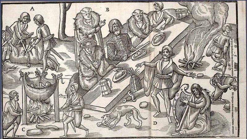Irish Lord Feasting from John Derricke's The Image of Ireland, 1581. The scene depicts the clan chieftain at the feast table, with praise singer (arms spread) accompanied by harpist and two professional farters.